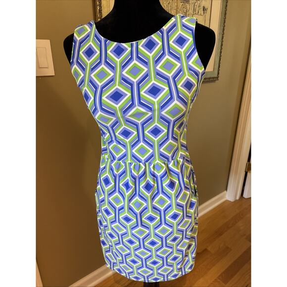 Jude Connally Sleeveless Dress XS Blue Green geometrc print Catalina pockets New - Picture 1 of 13